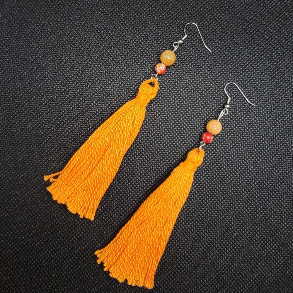 Handmade Tassel Earrings Orange Glass and Stone Bead